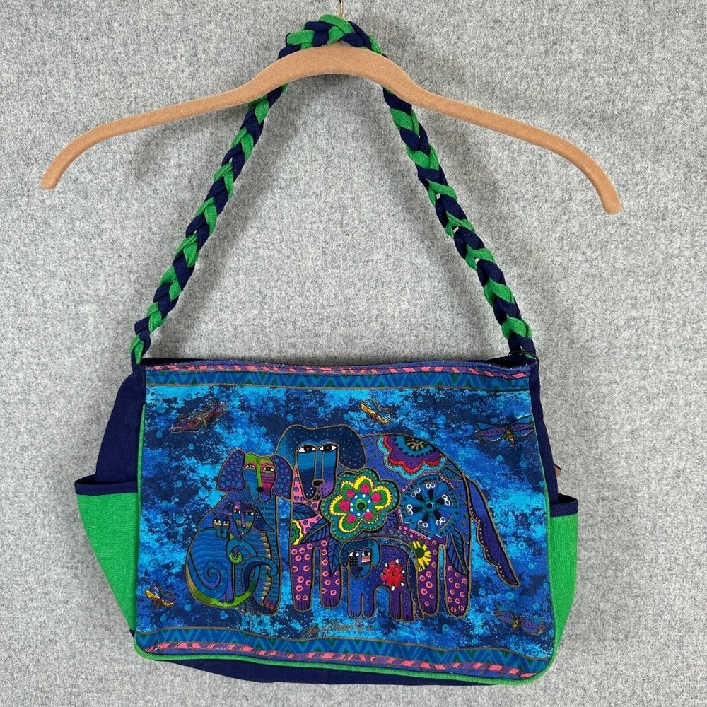 Laurel Burch Purse Shoulder Bag Colorful Vibrant Blue Dogs Sequins Canvas Tote - Picture 4 of 16